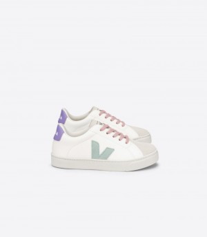 Kids Veja Esplar Laces Chromefree Leather Trainers White / Light Green / Purple KSA | HZS-1243