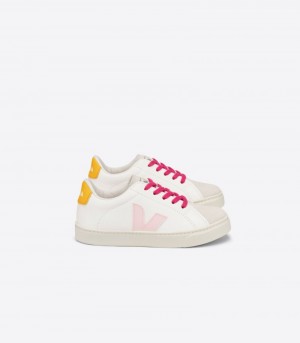 Kids Veja Esplar Laces Chromefree Leather Trainers White / Pink / Yellow KSA | TAC-8228