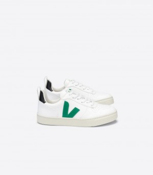 Kids Veja V-10 Lace CWL Trainers White / Green / Black KSA | OQI-8241