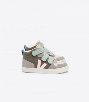 Kids Veja V-10 Mid Fured Suede Trainers Grey / Green KSA | QDE-0161