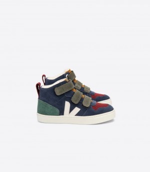 Kids Veja V-10 Mid Fured Suede Trainers Navy / Green / Red KSA | GSG-7047