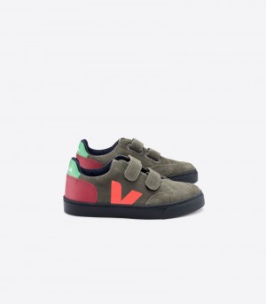 Kids Veja Vstore V-12 Suede Trainers Olive / Black / Red KSA | QKV-6773