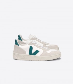 Mens Veja V-10 B-Mesh Trainers White / Green KSA | YHBIDA