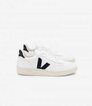 Mens Veja V-10 Leather Trainers White / Black KSA | BZYWUO