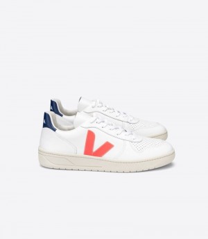 Mens Veja V-10 Leather Trainers White / Orange / Deep Blue KSA | LVNXE2