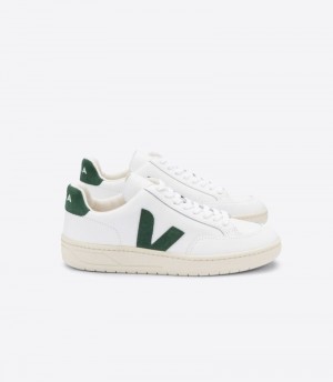 Mens Veja V-12 Leather Trainers White / Green KSA | J53H3W