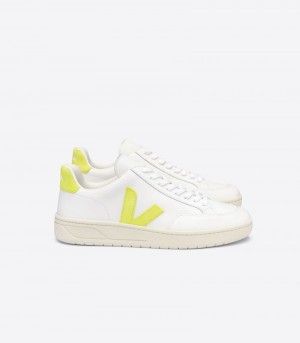 Mens Veja V-12 Leather Trainers White / Yellow KSA | TWKWHB