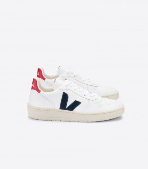 Womens Veja V-10 Leather Trainers White / Navy KSA | IKCBUO