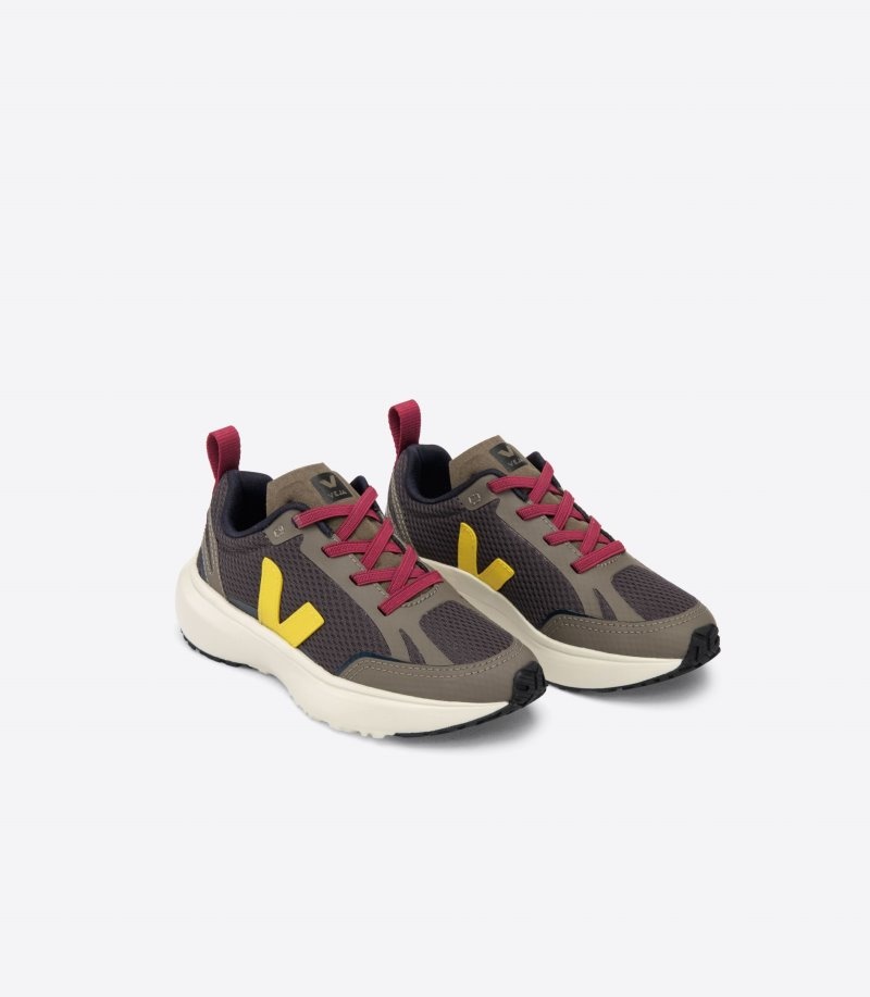 Kids Veja Canary Elastic Laces Alveomesh Trainers Olive / Yellow / Burgundy KSA | PMU-9241