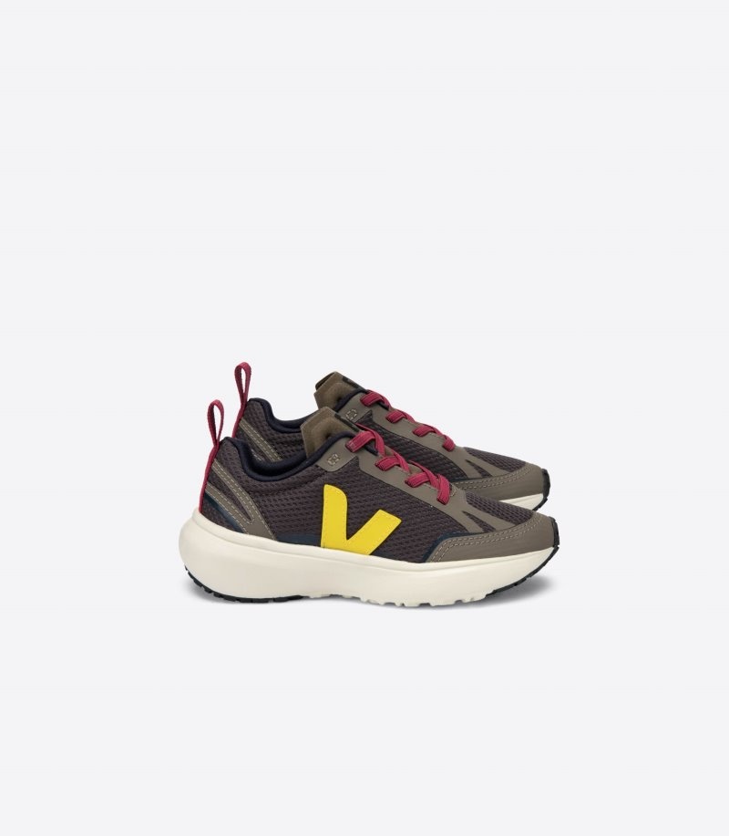 Kids Veja Canary Elastic Laces Alveomesh Trainers Olive / Yellow / Burgundy KSA | PMU-9241