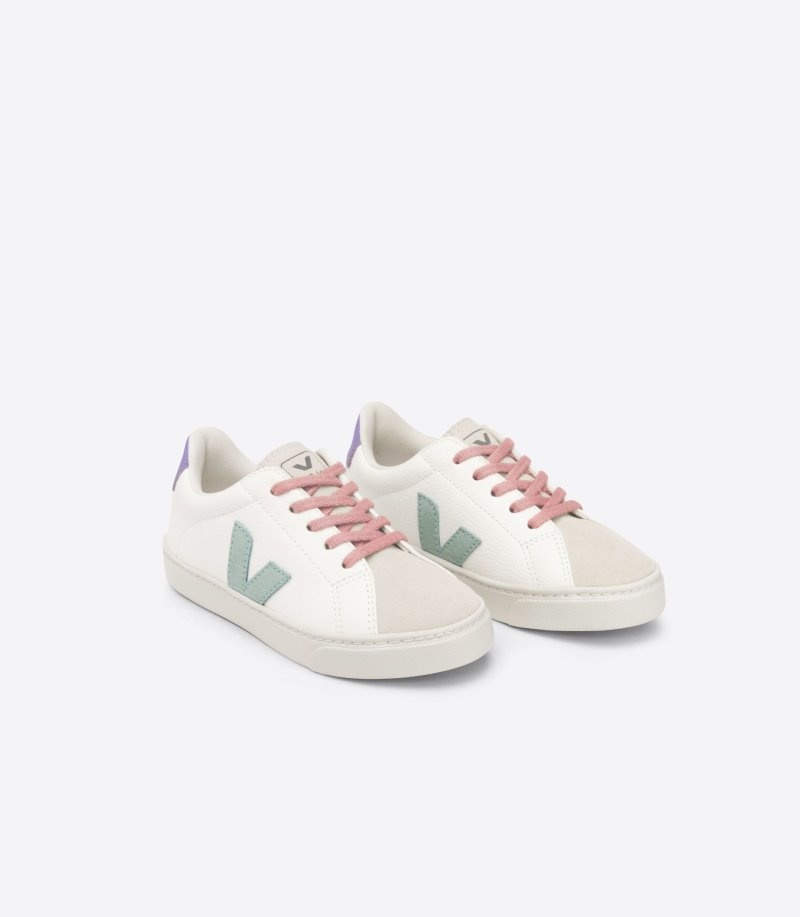 Kids Veja Esplar Laces Chromefree Leather Trainers White / Light Green / Purple KSA | HZS-1243