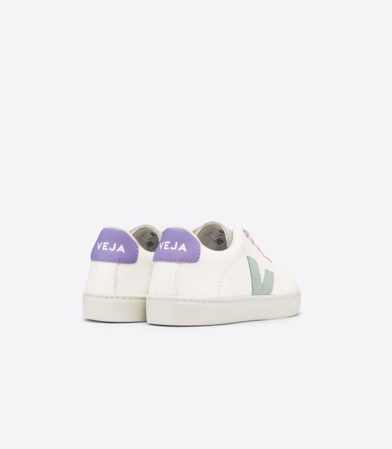 Kids Veja Esplar Laces Chromefree Leather Trainers White / Light Green / Purple KSA | HZS-1243