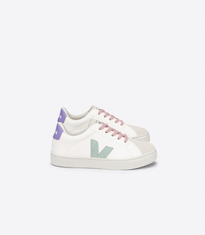 Kids Veja Esplar Laces Chromefree Leather Trainers White / Light Green / Purple KSA | HZS-1243