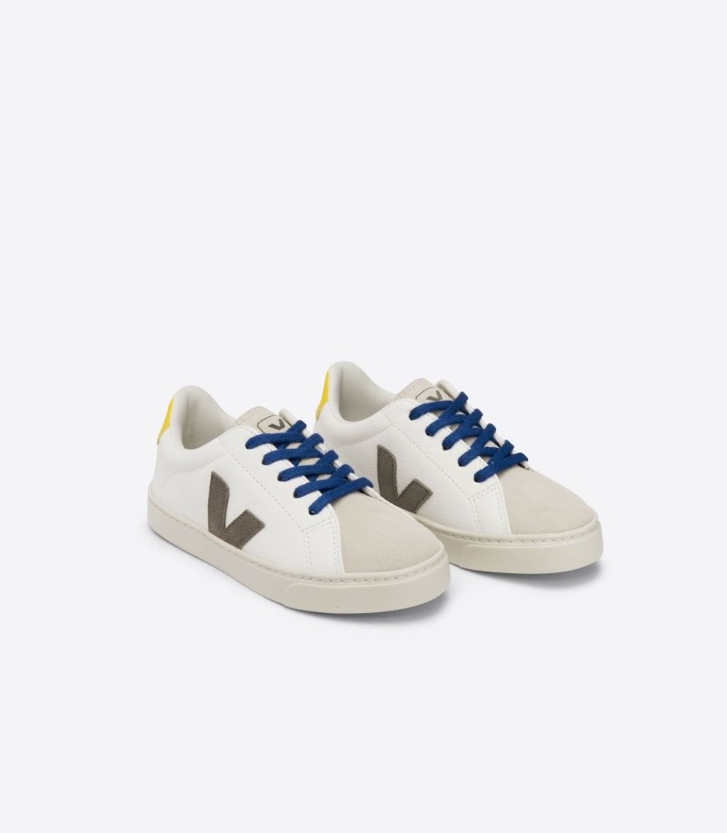 Kids Veja Esplar Laces Chromefree Leather Trainers White / Olive KSA | OBW-9636