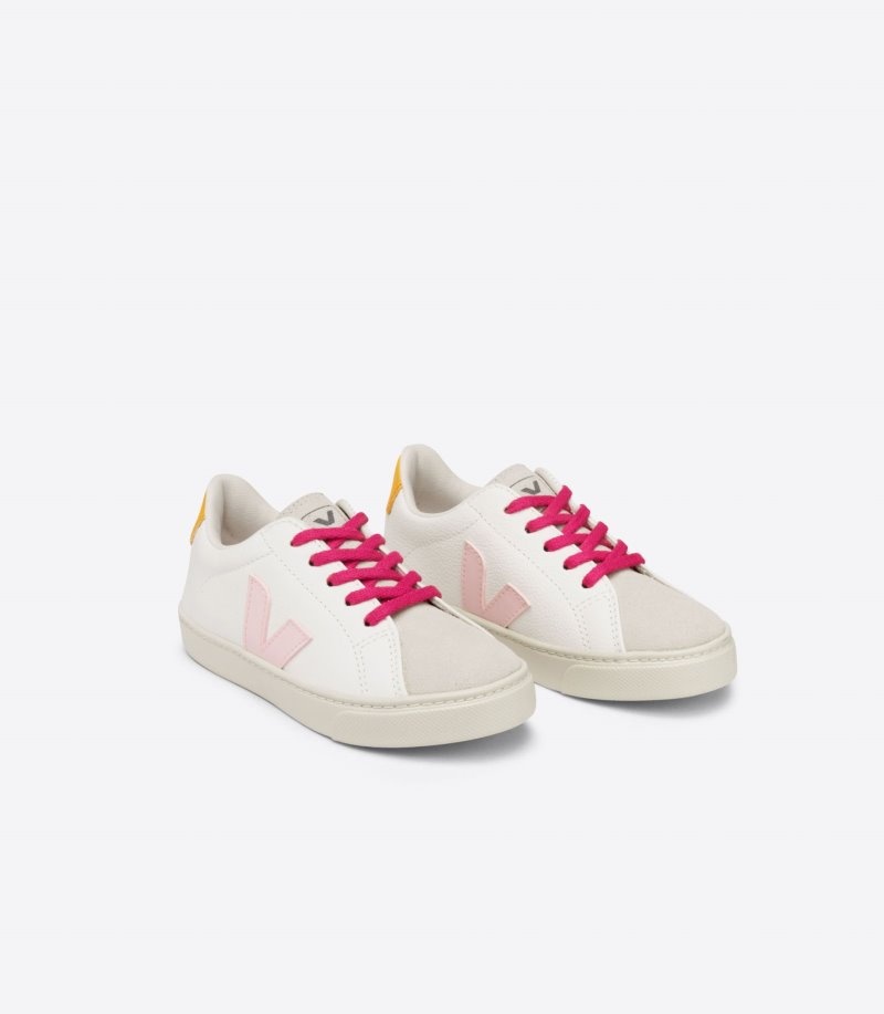 Kids Veja Esplar Laces Chromefree Leather Trainers White / Pink / Yellow KSA | TAC-8228