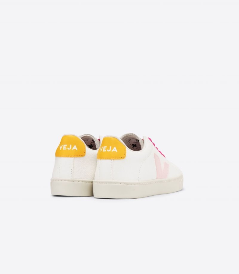 Kids Veja Esplar Laces Chromefree Leather Trainers White / Pink / Yellow KSA | TAC-8228