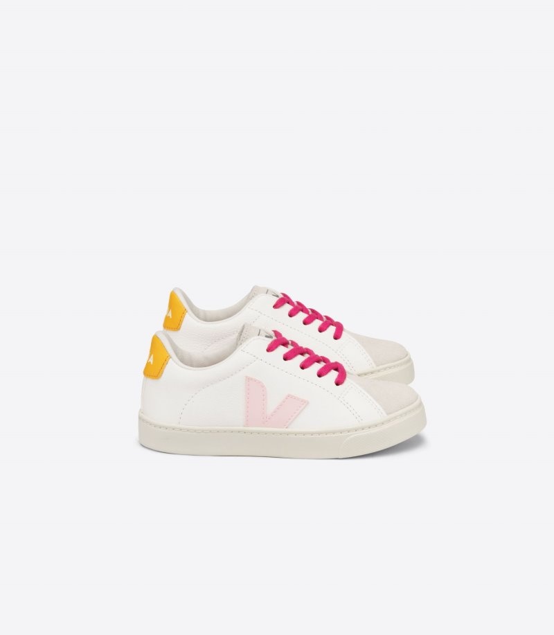 Kids Veja Esplar Laces Chromefree Leather Trainers White / Pink / Yellow KSA | TAC-8228