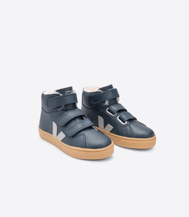 Kids Veja Esplar Mid Fured Leather Trainers Navy / Blue / Grey KSA | UQU-3201