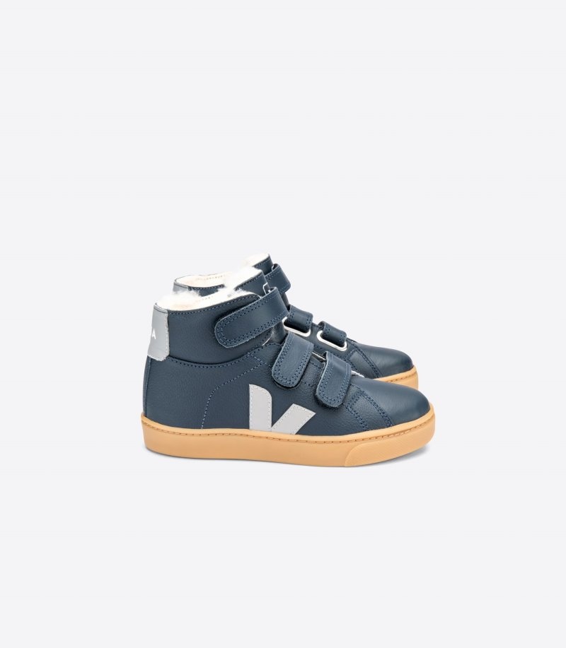 Kids Veja Esplar Mid Fured Leather Trainers Navy / Blue / Grey KSA | UQU-3201