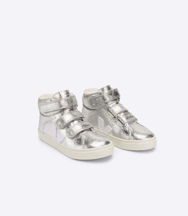 Kids Veja Esplar Mid Fured Suede Trainers Silver / White KSA | ISF-5716