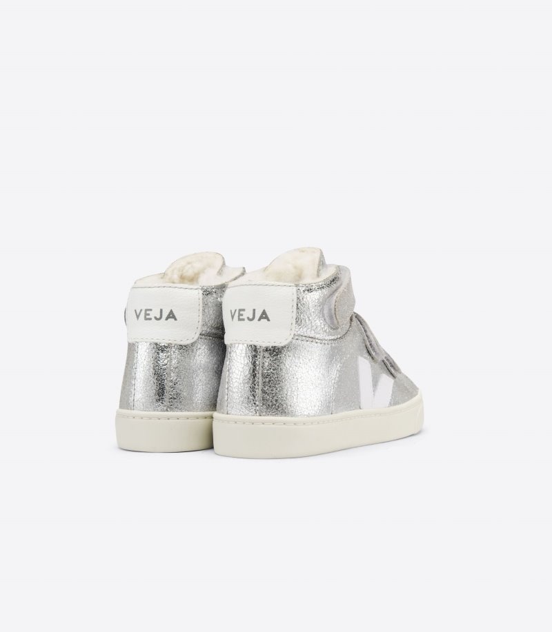 Kids Veja Esplar Mid Fured Suede Trainers Silver / White KSA | ISF-5716