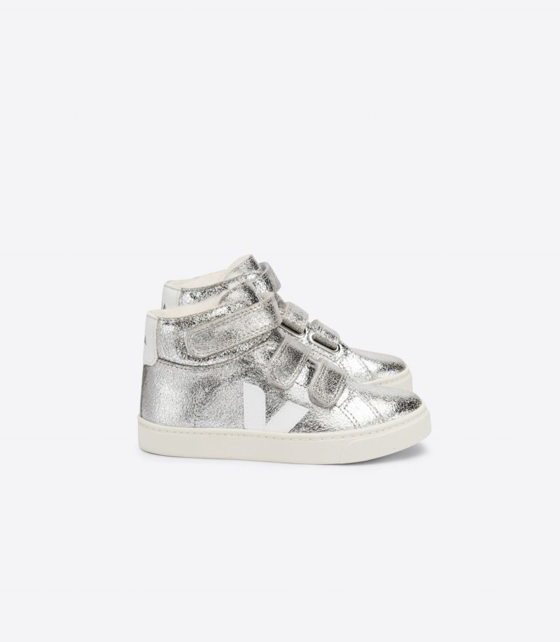 Kids Veja Esplar Mid Fured Suede Trainers Silver / White KSA | ISF-5716