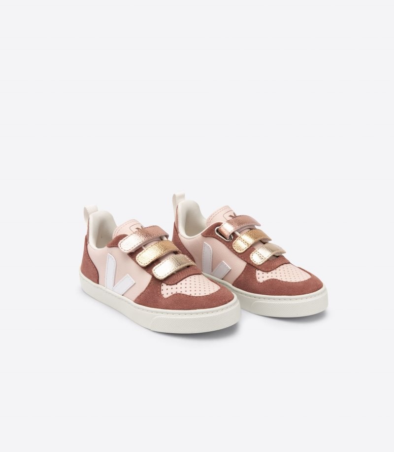 Kids Veja V-10 Chromefree Trainers Burgundy / Pink / Gold KSA | SPS-3231