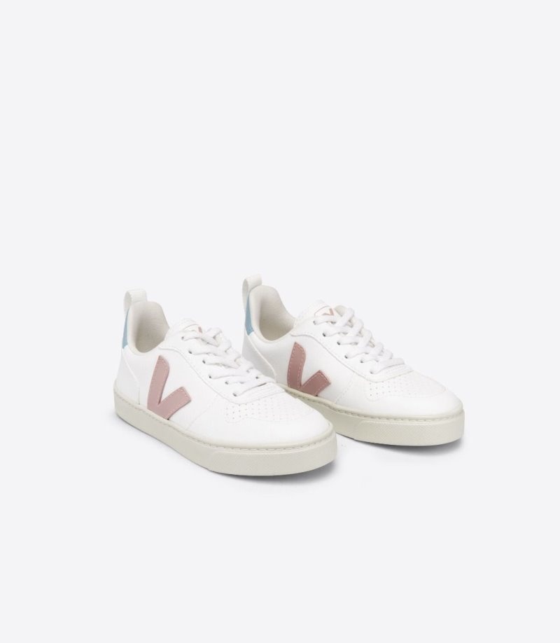 Kids Veja V-10 Laces CWL Trainers White / Pink / Blue KSA | EIT-9518