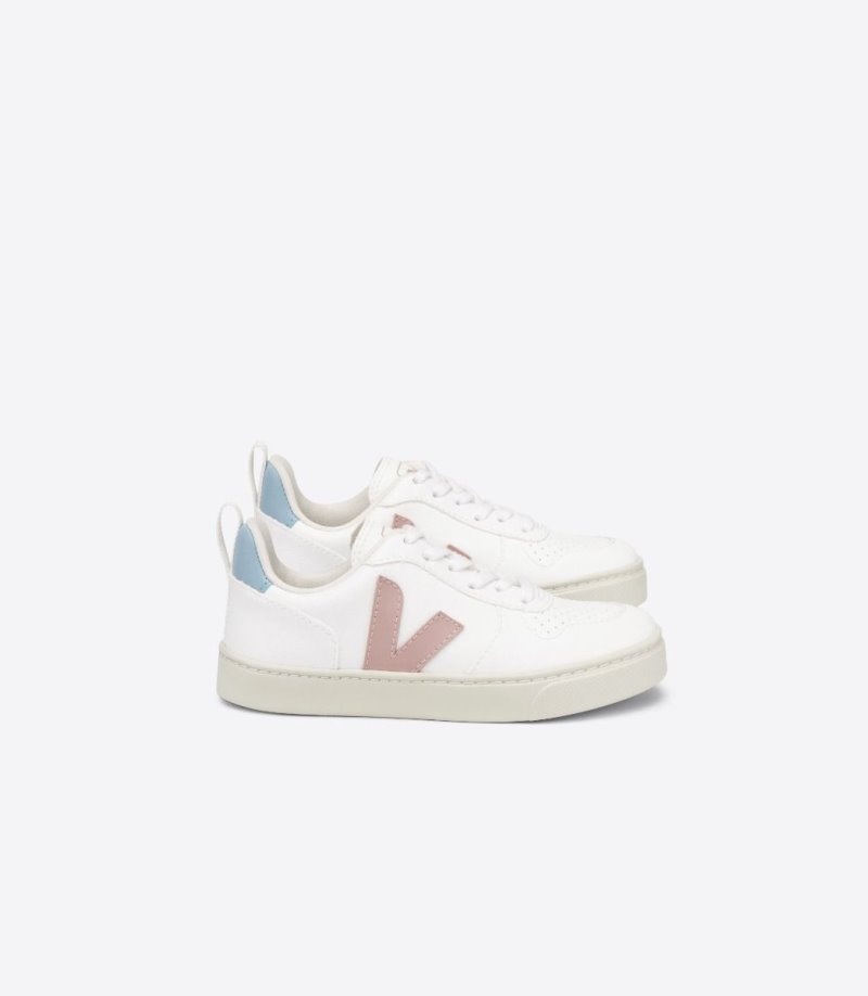 Kids Veja V-10 Laces CWL Trainers White / Pink / Blue KSA | EIT-9518