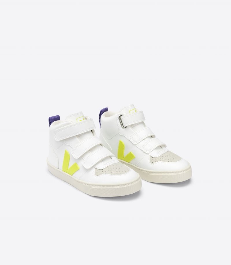 Kids Veja V-10 Mid CWL Trainers White / Yellow / Purple KSA | LDI-7096