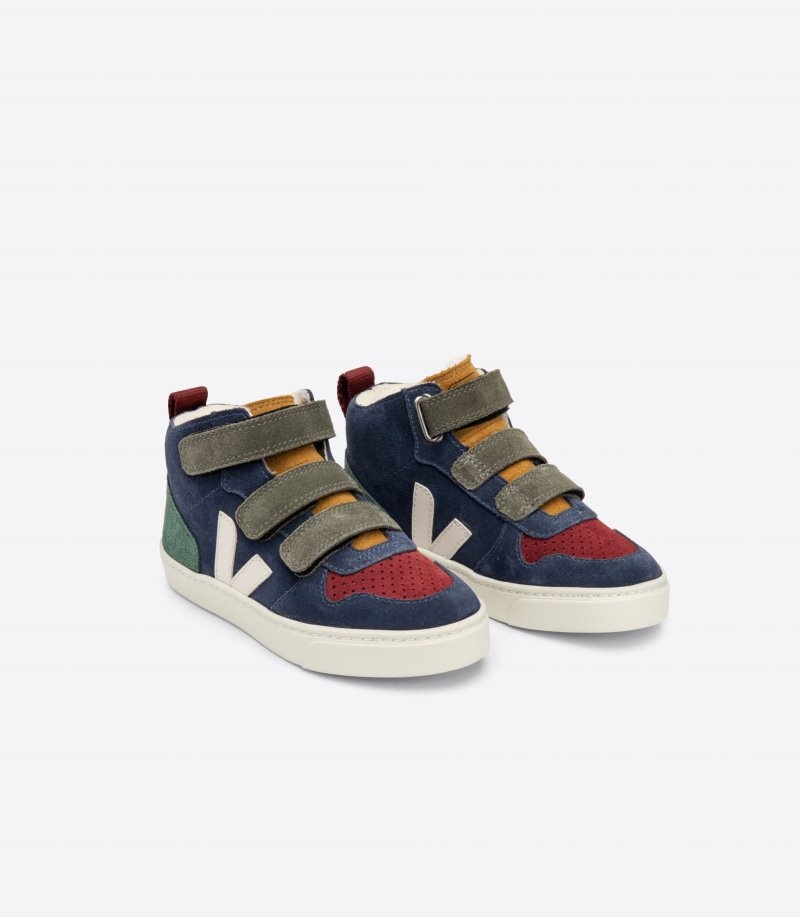 Kids Veja V-10 Mid Fured Suede Trainers Navy / Green / Red KSA | GSG-7047