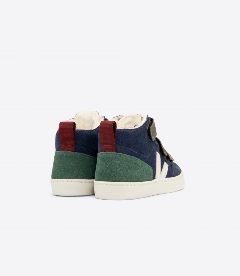 Kids Veja V-10 Mid Fured Suede Trainers Navy / Green / Red KSA | GSG-7047