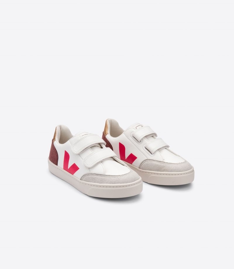 Kids Veja V-12 Chromefree Trainers White / Burgundy / Red KSA | RPE-2169