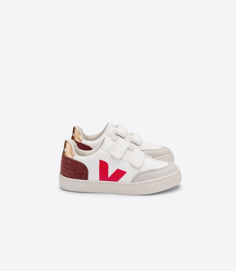 Kids Veja V-12 Chromefree Trainers White / Burgundy / Red KSA | RPE-2169