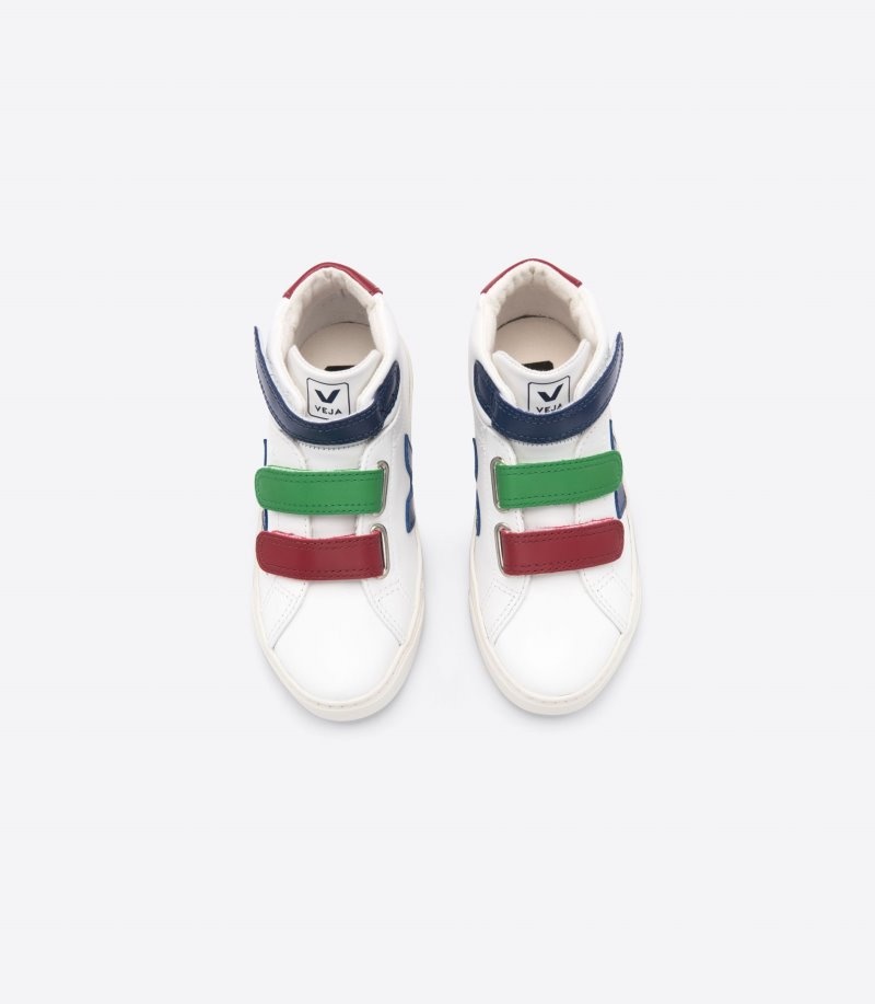 Kids Veja Vstore Esplar Mid Leather Trainers White / Deep Blue / Burgundy KSA | WAD-1707