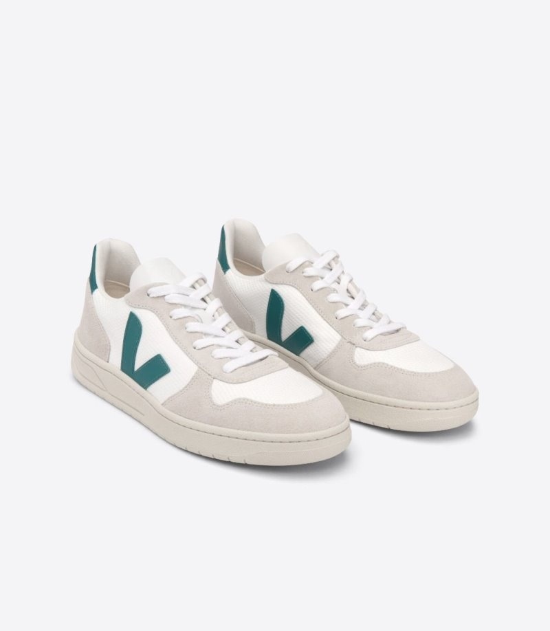 Mens Veja V-10 B-Mesh Trainers White / Green KSA | YHBIDA