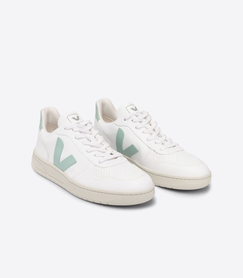 Mens Veja V-10 CWL Trainers White / Light Green KSA | H37QT1