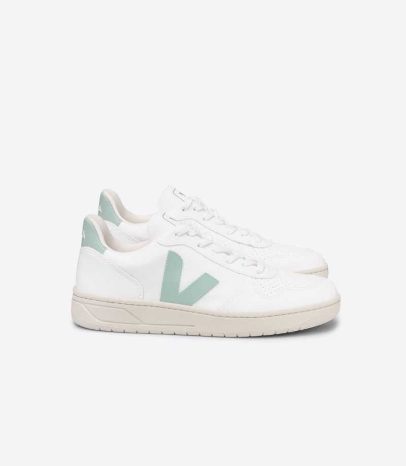 Mens Veja V-10 CWL Trainers White / Light Green KSA | H37QT1