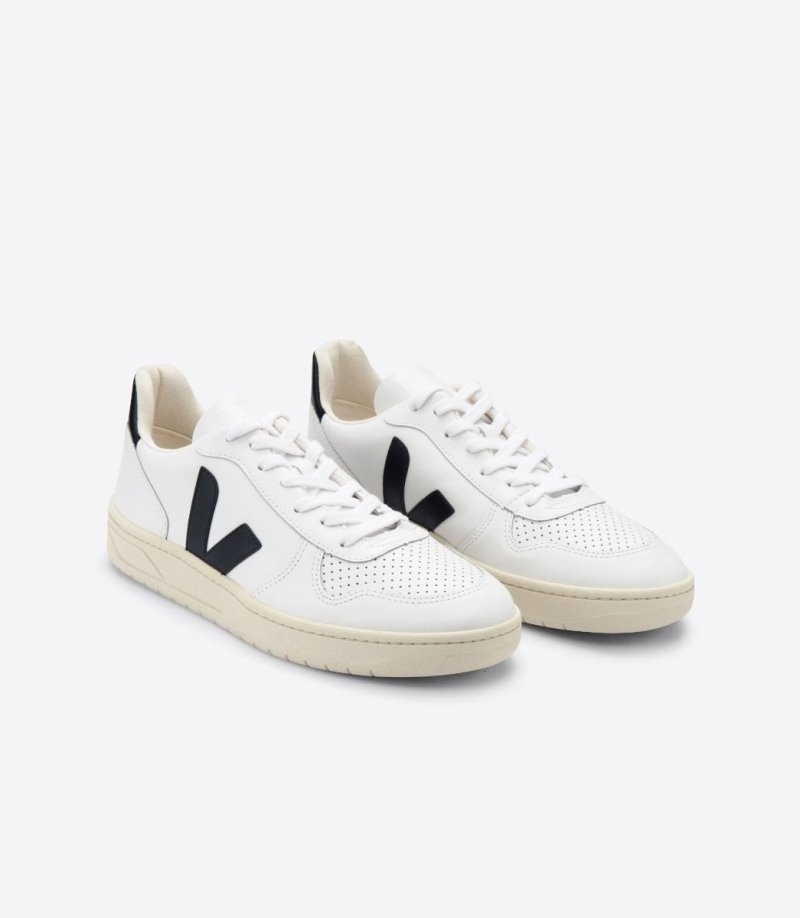 Mens Veja V-10 Leather Trainers White / Black KSA | BZYWUO