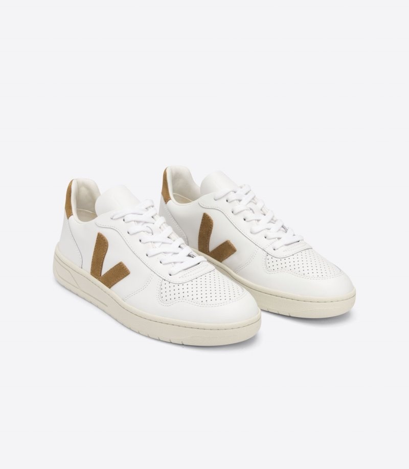 Mens Veja V-10 Leather Trainers White / Brown KSA | A2HEOK