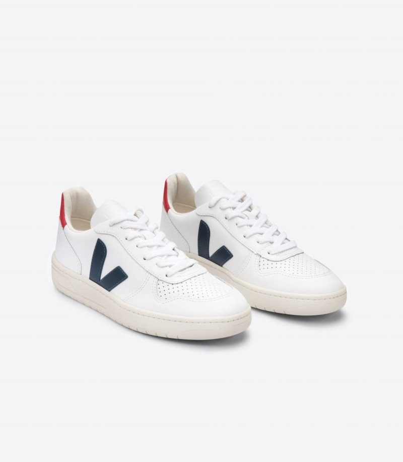 Mens Veja V-10 Leather Trainers White / Navy KSA | T6EX3W