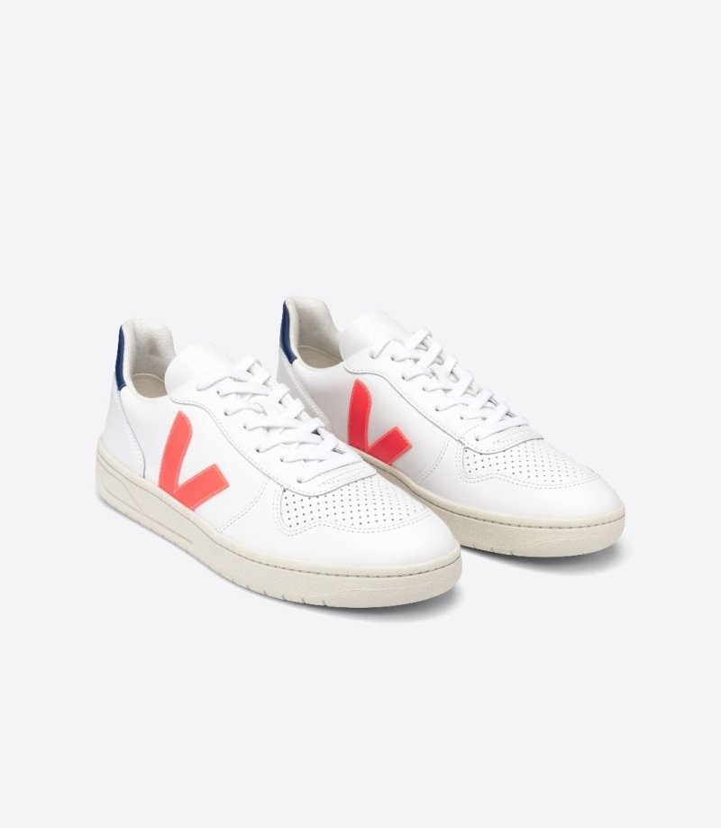 Mens Veja V-10 Leather Trainers White / Orange / Deep Blue KSA | LVNXE2