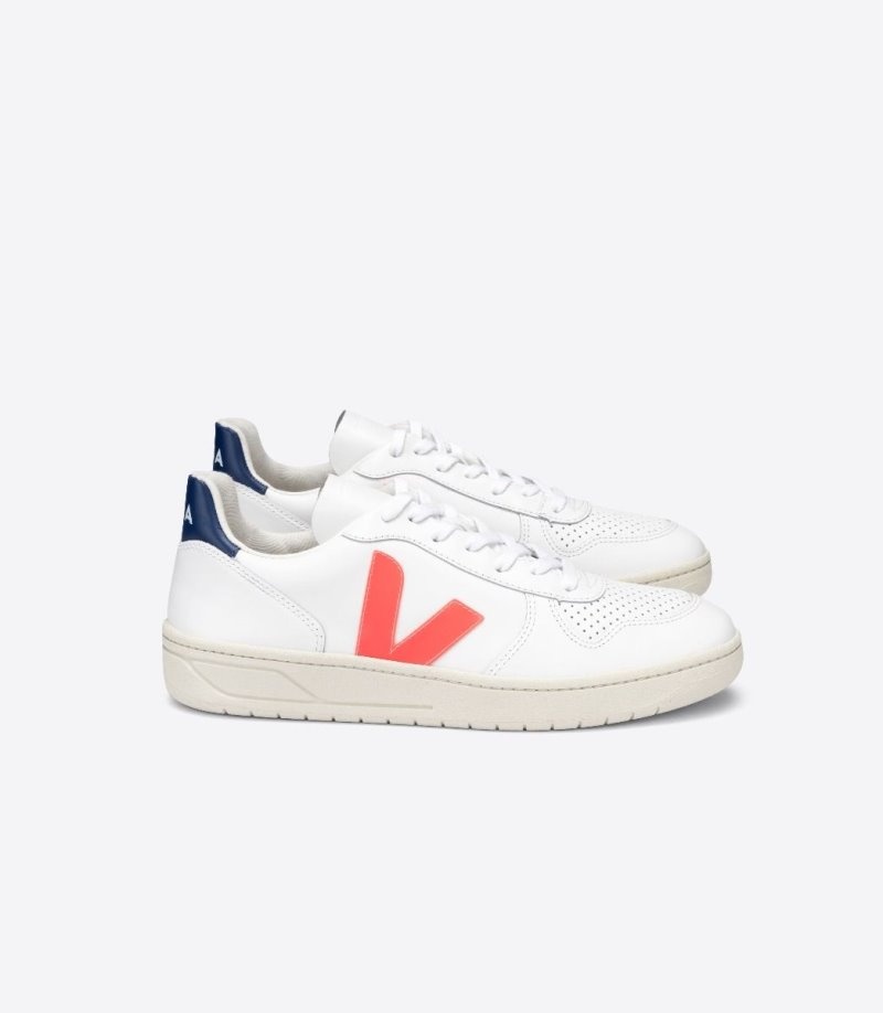 Mens Veja V-10 Leather Trainers White / Orange / Deep Blue KSA | LVNXE2