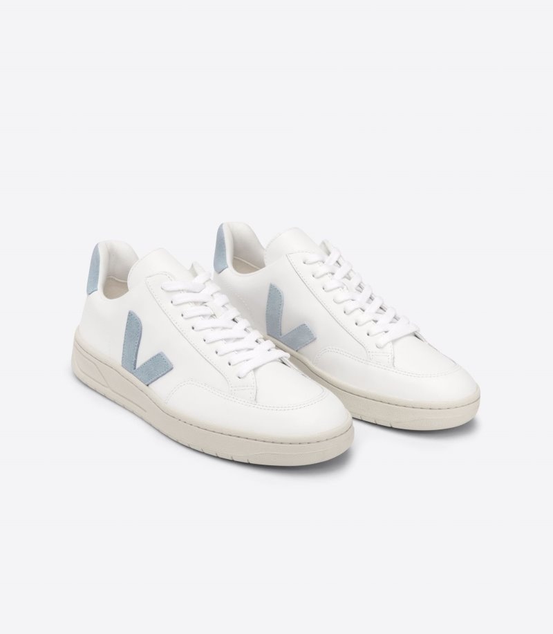 Mens Veja V-12 Leather Trainers White / Blue KSA | YVPQLG