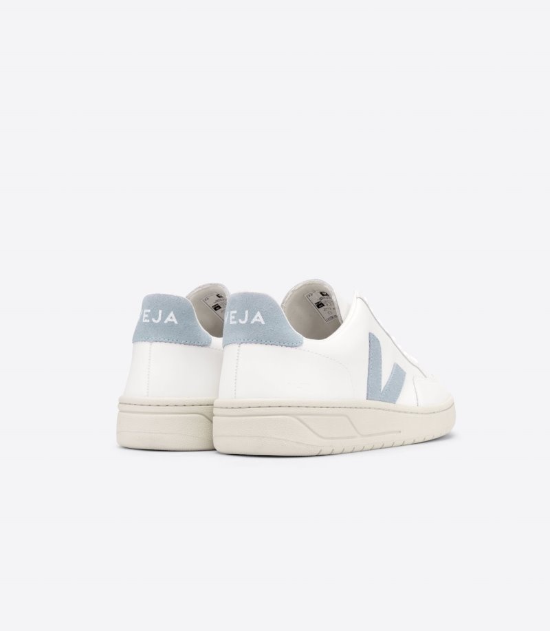 Mens Veja V-12 Leather Trainers White / Blue KSA | YVPQLG