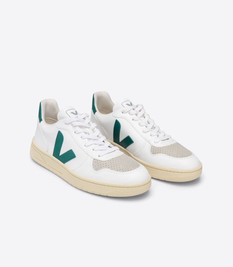 Womens Veja V-10 CWL Trainers White / Green KSA | 5AXK2W