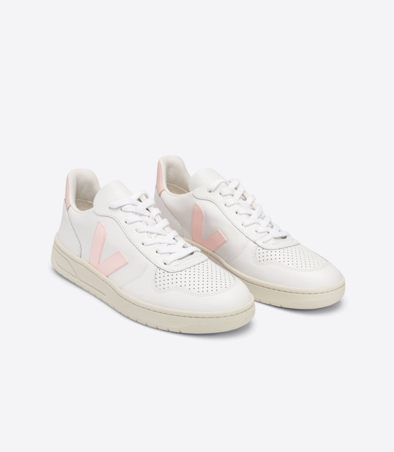 Womens Veja V-10 Leather Trainers White / Pink KSA | D00OBZ