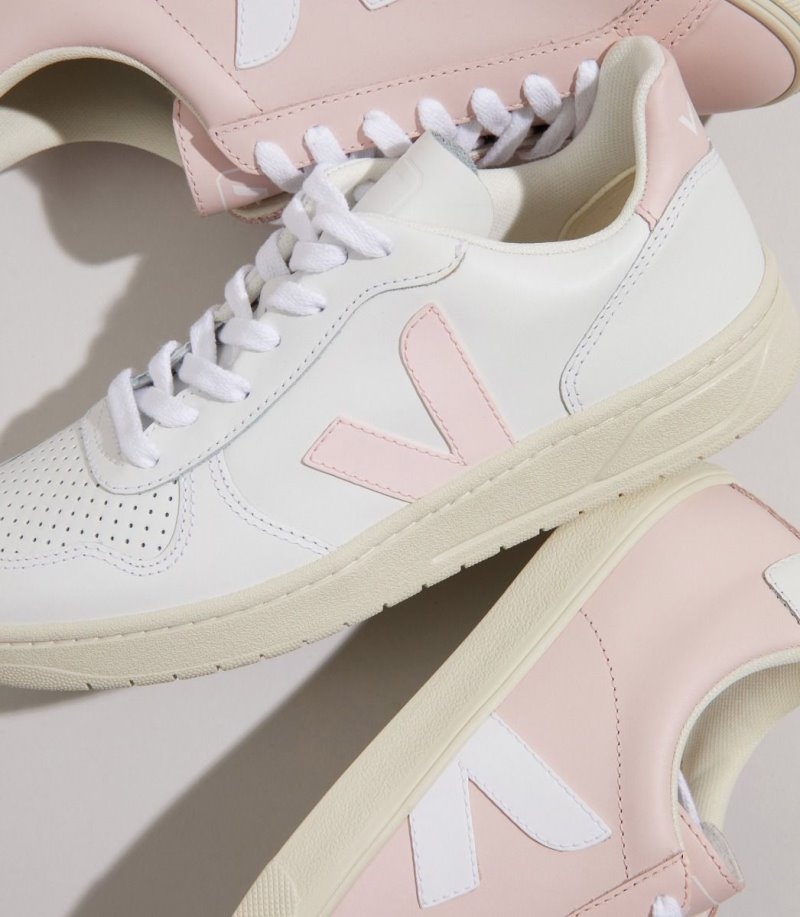 Womens Veja V-10 Leather Trainers White / Pink KSA | D00OBZ