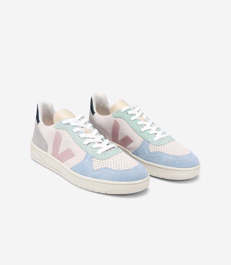 Womens Veja V-10 Suede Trainers Beige / Blue / Light Green KSA | 4T7WK3