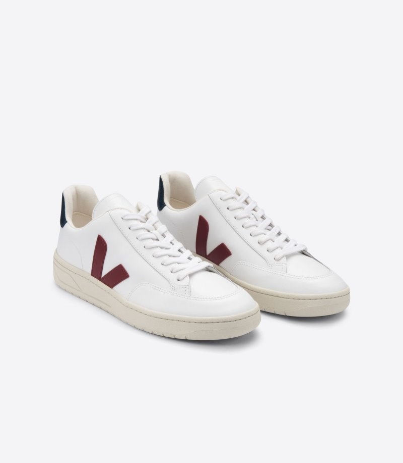 Womens Veja V-12 Leather Trainers White / Burgundy KSA | BD5W4J